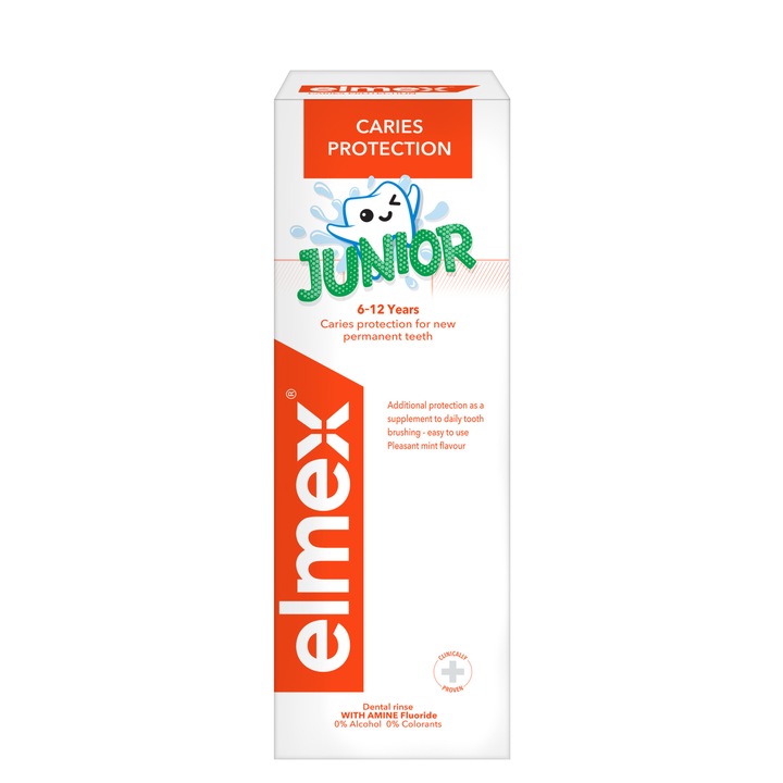 Apa de gura pentru copii elmex Junior, varsta 6-12 ani, pentru protectie anticarie, 400 ml