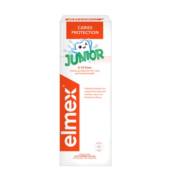 Apa de gura pentru copii elmex Junior, varsta 6-12 ani, pentru protectie anticarie, 400 ml Apa de gura pentru copii elmex Junior, varsta 6-12 ani, pentru protectie anticarie, 400 ml