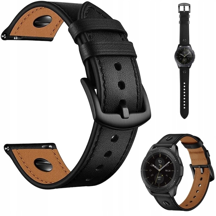 OEM Okosóra szíj, Samsung Galaxy Watch 4 5, Galaxy Watch Active 2, Huawei Watch GT 2 42 mm / GT 3 42 mm bőr/acél, 20 mm, állítható, fekete
