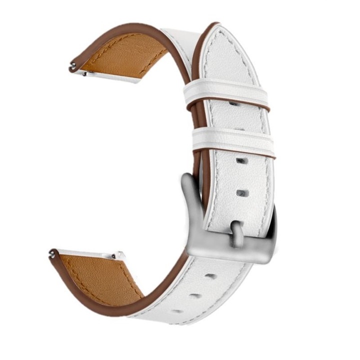 Каишка за смарт часовник, За Samsung Galaxy Watch 4, Galaxy Watch 5, Huawei Watch GT 2 42 мм, GT 3 42 мм, Регулируема, 20 мм, Кожа, Стомана, Бял