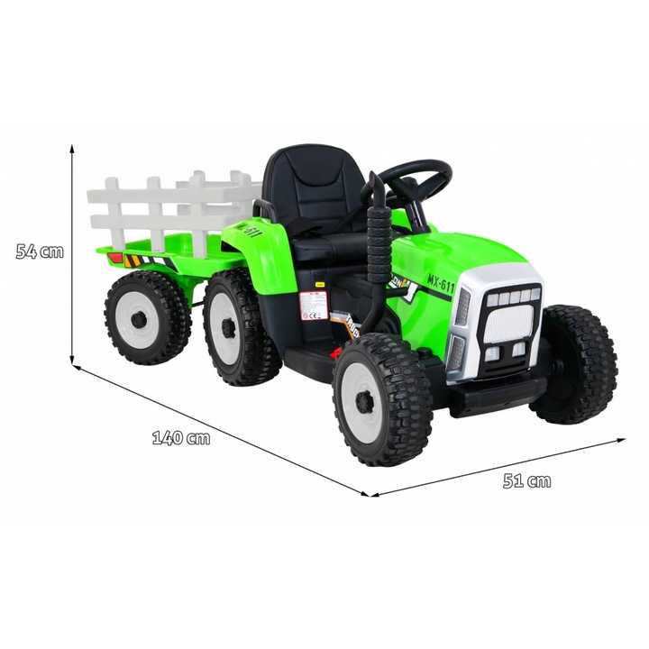 Tractor cu remorca electric, 6V/4,5Ah, 25W, roti plastic, 112 x 40 x 43 cm, greutate suportata 25 kg, Verde