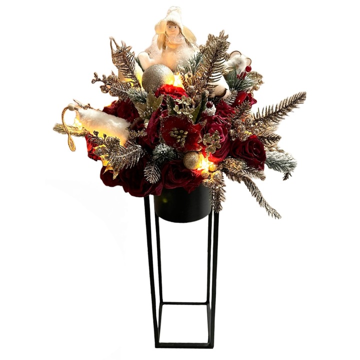 Elegáns karácsonyi összeállítás, led fényekkel, gyöngyházfényű fenyőágakkal, virágokkal, dekorációkkal, fém állvány, 80 cm, Arany, Piros, Bordo