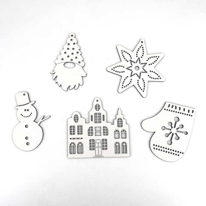 Set de Craciun, Lemn, 6 piese, 10x11 cm, Alb