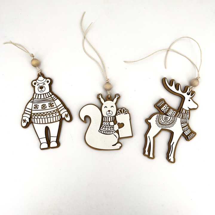 Set de Craciun, Lemn, 3 piese, 8x12 cm, Alb