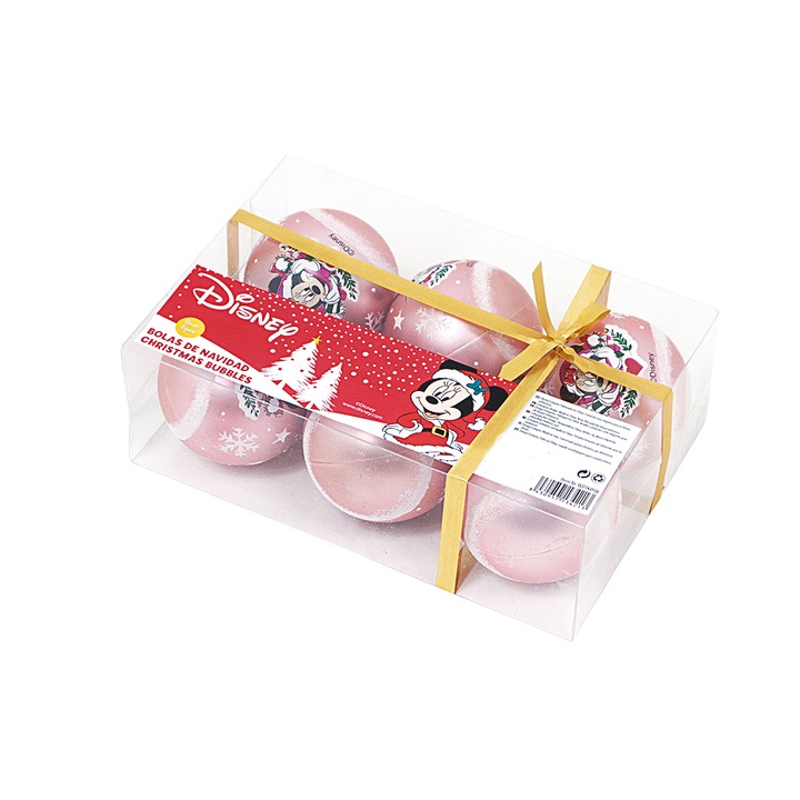 Set 6 globuri 8cm Craciun Minnie Mouse roz