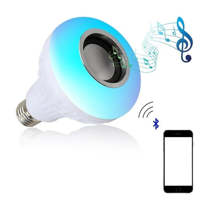 Bec led cu difuzor, Bluetooth 4.2, telecomanda, difuzor 12W, culori RGB, dulie normala