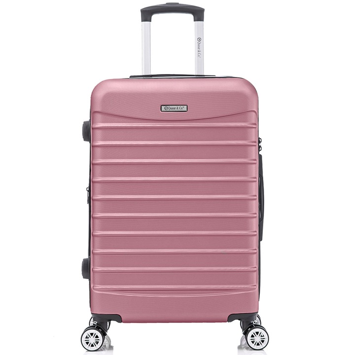 Голям куфар Quasar & Co.® модел LINE, 77x49x31-36см, разширяем, багаж за чекиране, ABS 2.8 мм, цип с двойна защита против кражба, кодово заключване, телескопична дръжка, 4 двойни безшумни колела 360°, 2 отделения, Розов прах