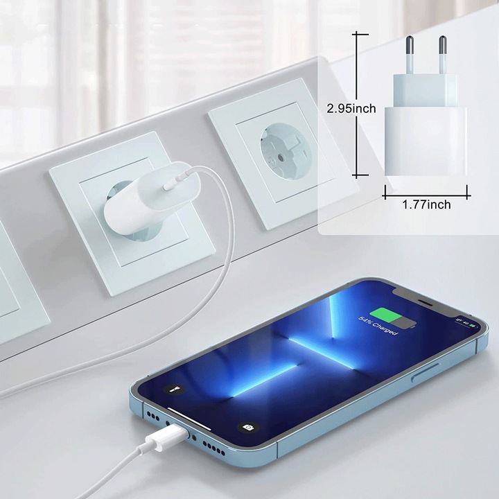 Gyorstöltő, Vaxiuja, 20W, 1m, Type-C-Lightning, Kompatibilis iPhone 14/13/13pro/12 Mini/12 Pro/12 Pro Max/SE 2020/11 Pro/11 Pro Max/XS/ XS Max/ XR/X 8 Plus, fehér