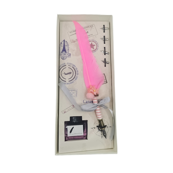 Set caligrafie vintage OldGoldNip, cu penite incluse si calimara, stilou cu pana, roz, Doty