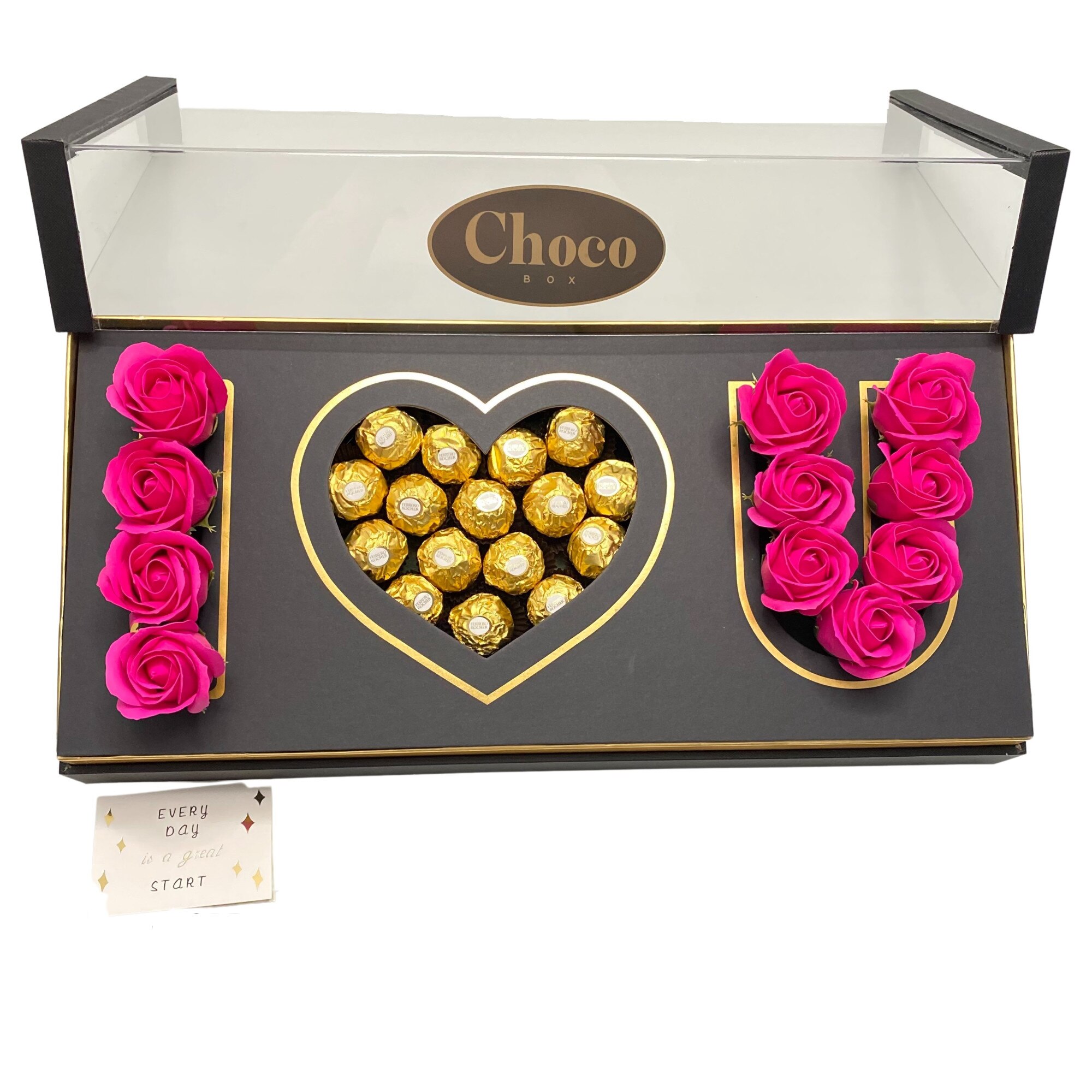Chocobox díszdoboz, I Love You Box VI, rózsák, Ferrero Rocher praliné ...