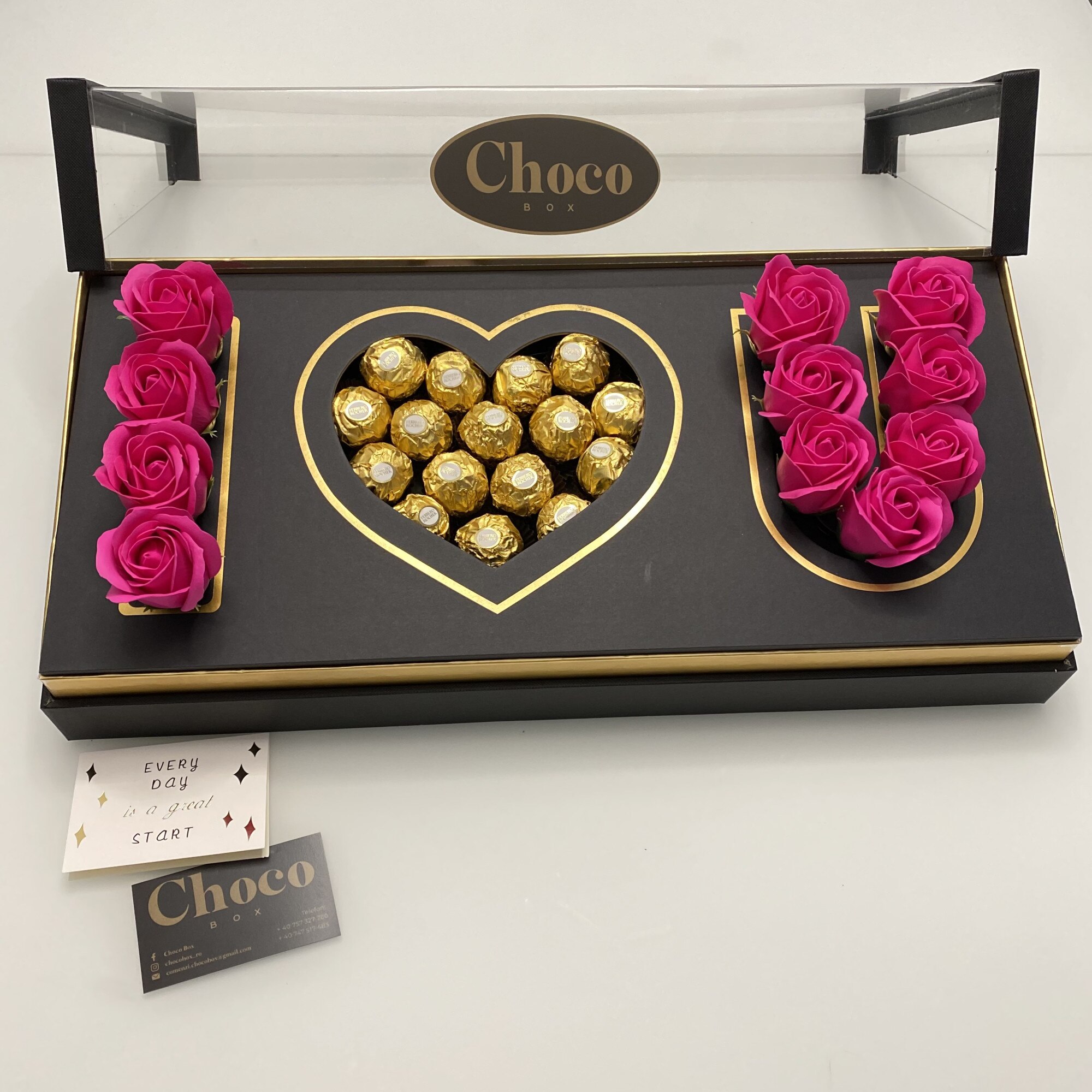 Chocobox díszdoboz, I Love You Box VI, rózsák, Ferrero Rocher praliné ...