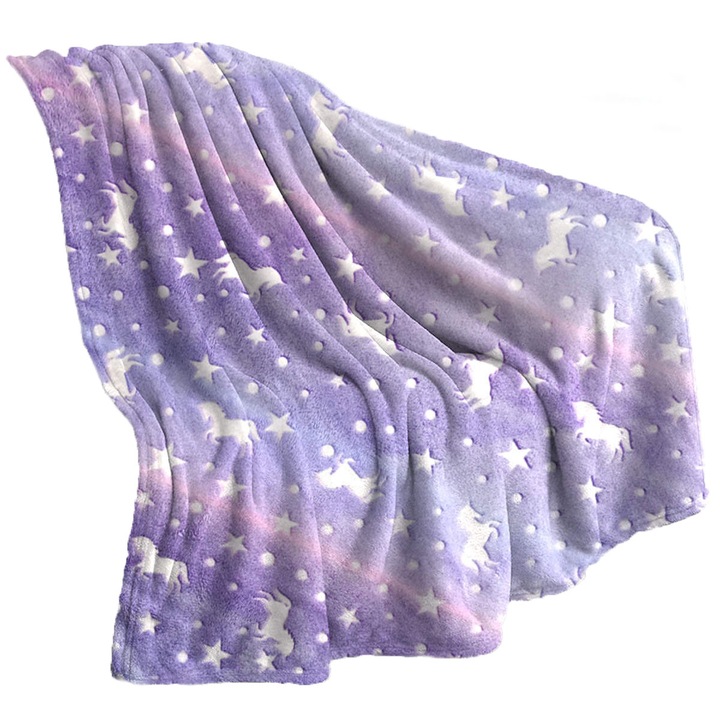 Patura pentru copii fosforescenta Unicorn si stele, 120 x 150 cm, Material Fleece moale, Mov