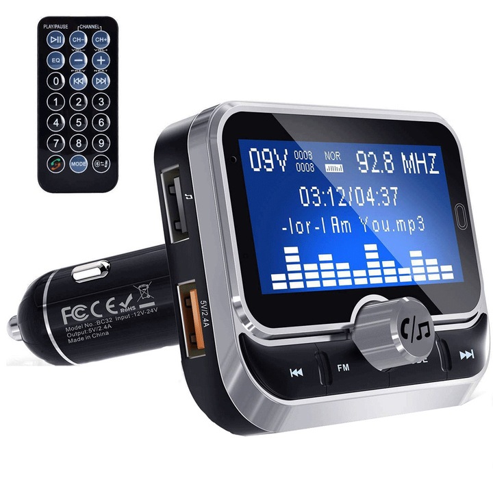 FM modulátor, Vaxiuja, MP3 lejátszó, bluetooth, vezeték nélküli kihangosító, LCD 1.8, 2xUSB 2.4A, AUX audio port 3.5 mm, TF, fekete