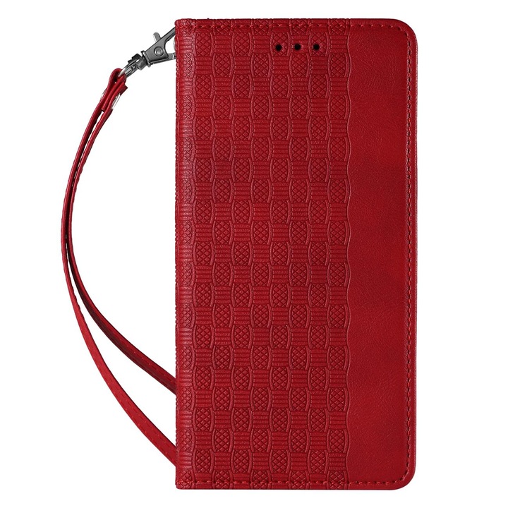 Капак с кабел за Samsung Galaxy S22 Plus, Hurtel, тип книга, магнит, джоб за карта, кожа, червен