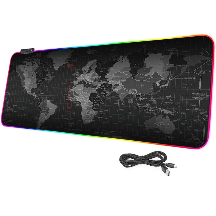 Mousepad gaming, 06249, Model harta, Iluminare LED, RGB, 80x30 cm, Negru