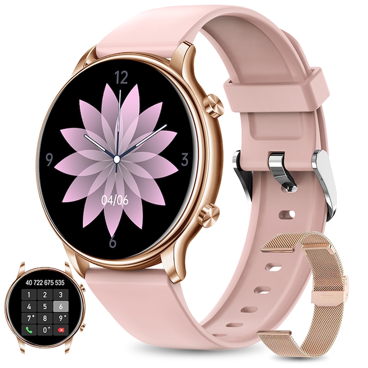 Ceas smartwatch, Kenoeestar™, Full Touch Display, Apelare Bluetooth, Notificari Apeluri/Sms/Social Media, Monitorizare activitati fizice, somn, ritm cardiac, pedometru, Auriu/Roz