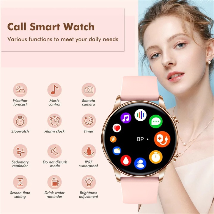 Ceas smartwatch, Kenoeestar™, Full Touch Display, Apelare Bluetooth, Notificari Apeluri/Sms/Social Media, Monitorizare activitati fizice, somn, ritm cardiac, pedometru, Auriu/Roz