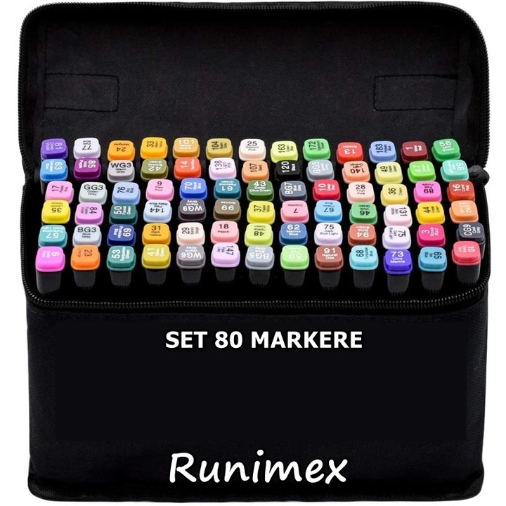 Комплект от 80 маркера Runimex®, с 2 глави - тънки/дебели, 1-6 mm, чанта за съхранение, многоцветни