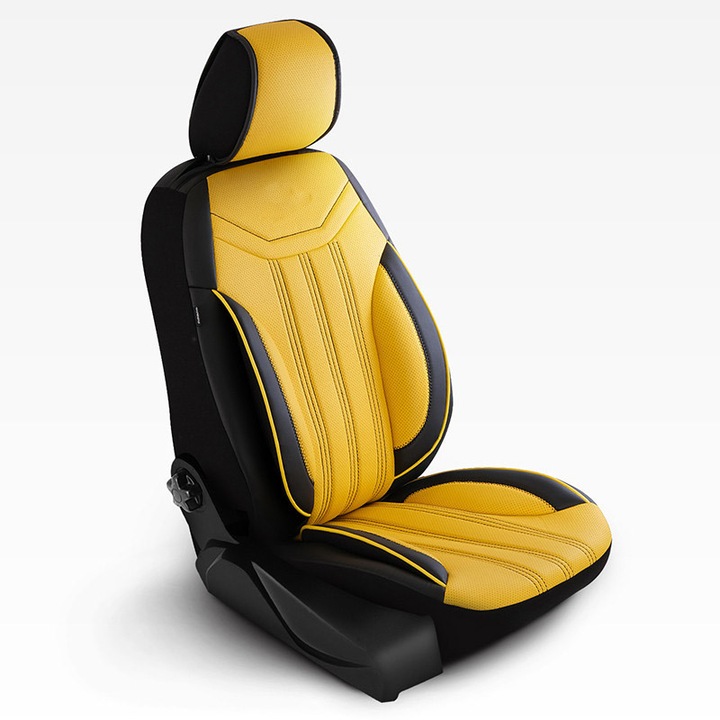Set huse scaune auto universale, piele ecologica galbena cu negru, fata-spate