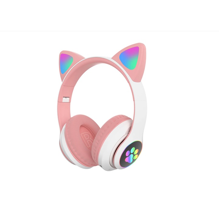Casti wireless cu urechi pisicuta, pliabile cu leduri cu 7 culori, cu microfon integrat, alb/roz, SmartK
