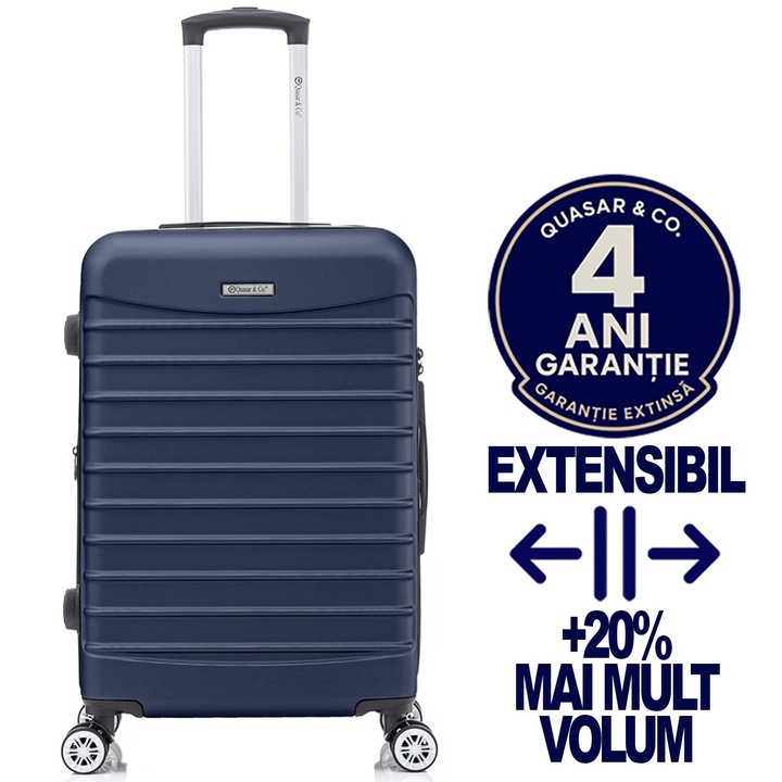 Troler mediu extensibil Quasar & Co.®, 66x41x26-31cm, bagaj de cala, troller avion cu fermoar antifurt, cifru, maner telescopic, geamantan cu 4 roti duble silentioase 360°, valiza ABS 2.8 mm, 2 compartimente cu buzunar, LINE, Bleumarin