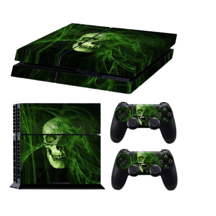 Set folii protectie consola, skin, controler, pentru Playstation 4, craniu verde