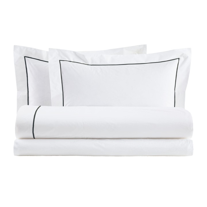 Спален комплект Biancoperla Bacchetta Bianco/Grisaglia, 4 части, Плик за завивка 200x220 см, Чаршаф с ластик 180x200/30 см, Калъфки за възглавници 50x70 см, Памук 200TC, Бял/Антрацит