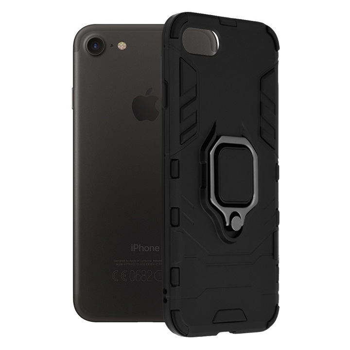AZIAO Armor Ring Case Apple iPhone 7 / 8 / SE 2 / SE 2022 telefonhoz, Army Shield, Hibrid szerkezet, 360°-os mágneses tartógyűrű, strapabíró, tartós tok, titán fekete