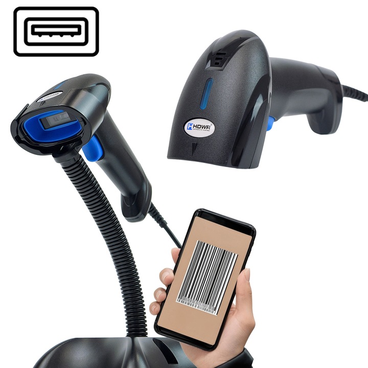 Cititor de coduri de bare cu suport, scanare automata a codurilor de bare pe ecran, scanner de coduri de bare 1D cu fir, puternic, carcasa robusta, senzor CCD, rezistent la deteriorari, pentru coduri inversate, cu cablu USB, HDWR HD10C