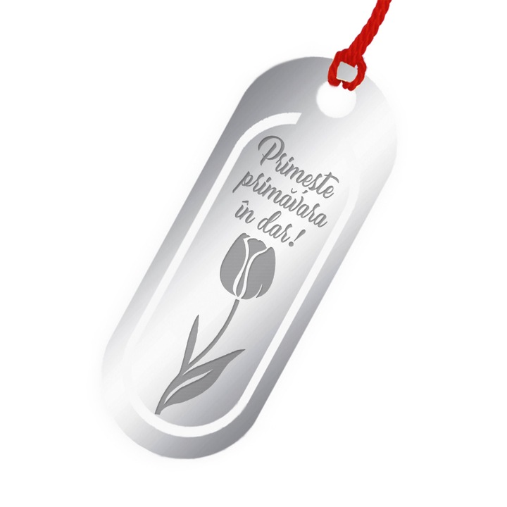 Martisor Semn de Carte Inox Oval Argintiu Lalea Primavara in Dar