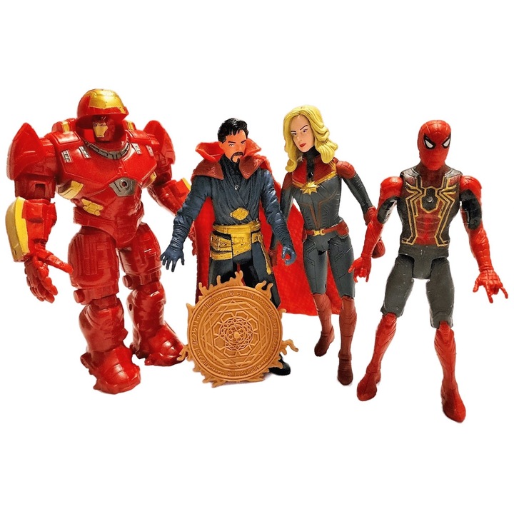 4 db Bosszúálló típusú figura készlet LED-del, Vasember, Doctor Strange, Captain Marvel, Pókember, 16 mc, Többszínű