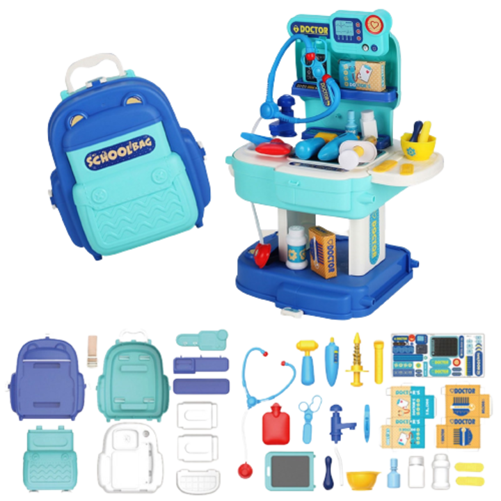 Set de instrumente doctor 3 in 1 transformabil in masa mobila, Bowa, set interactiv de rol in rucsac, 31 piese, albastru