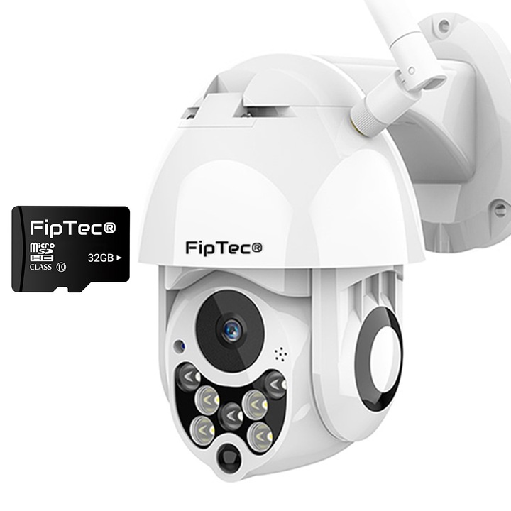 Intelligens megfigyelő kamera FipTec LO12N Advanced 32 GB-os memóriakártyával, WiFi, Full HD 1080p, 360°-os forgatás, vízálló, színes éjszakai látás 20 méterig, mozgásérzékelő és telefonértesítések, automatikus objektumkövetés, Android, iOS és PC