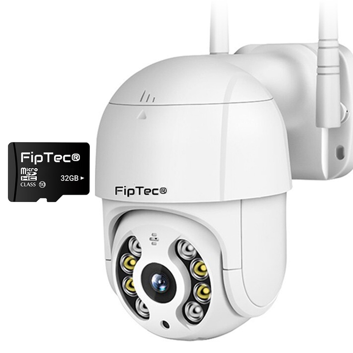 FipTec LO15 Smart CCTV kamera 32 GB-os memóriakártyával, WiFi, Full HD 1080p, 360°-os forgatás, vízálló, színes éjszakai látás akár 20 méterig, mozgásérzékelő és telefonértesítések, automatikus tárgykövetés, Android, iOS és PC