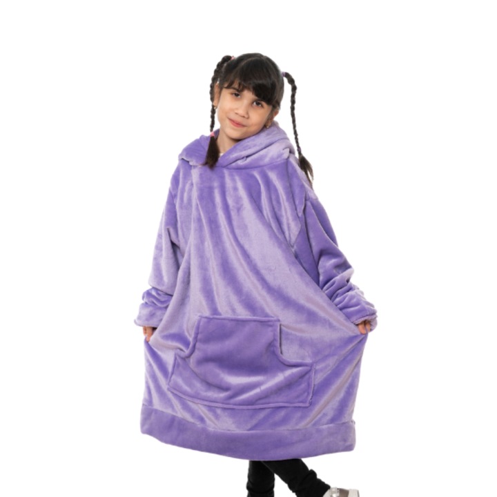 Детско одеяло с качулка с ръкави, дълго, с качулка и джобове, Premium, фланелен полар, универсален размер, лилаво