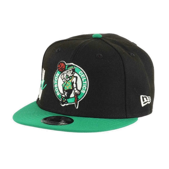 Sapca New Era ajustabila cu cozoroc plat si logo Boston Celtics, Negru, 55-60 CM
