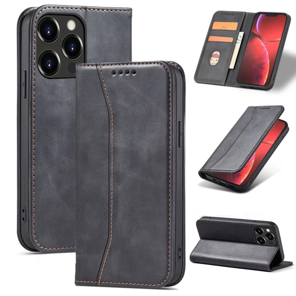 Husa pentru iPhone 13 Pro Max, Hurtel, Tip carte, Magnet, Buzunar card, Piele, Negru