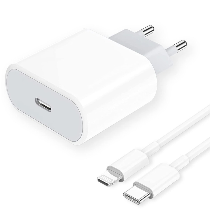 Зарядно устройство HautStore, Бял, 20W, 1M, Съвместимо с iPhone 14/14 Plus/14 Pro/14 Pro Max/13/12/11/SE/iPad Pro