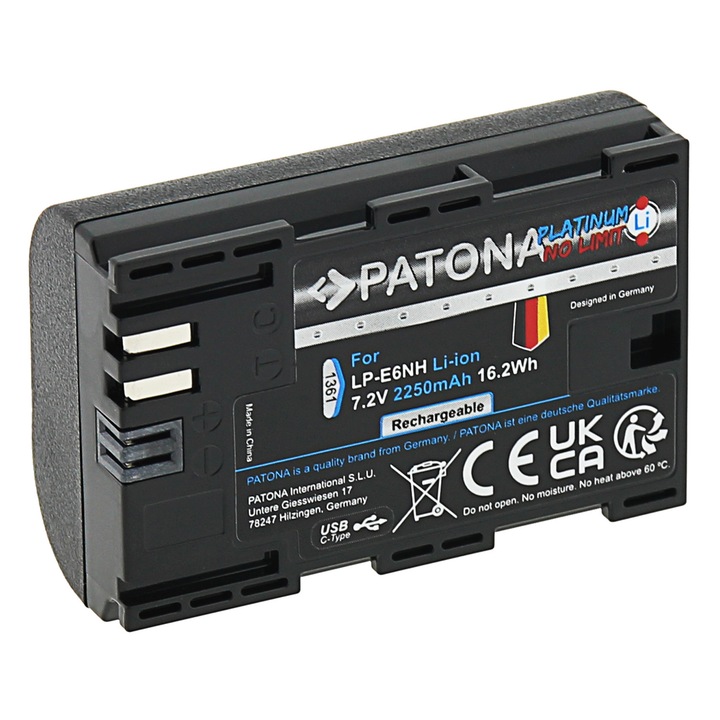 Acumulator Platinum, Patona, Compatibil Canon LP-E6NH, Li-Ion, 2250 mAh, USB-C, Negru