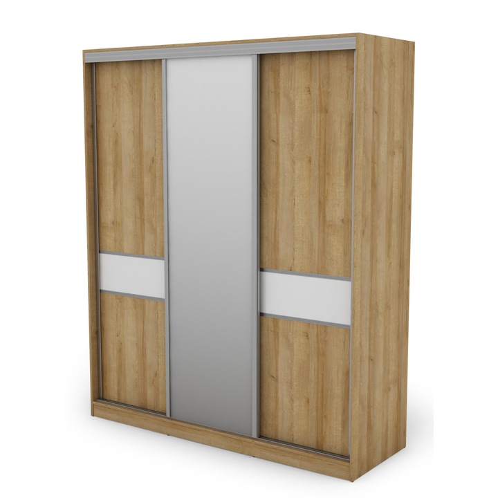 Dulap, Meblast, Premium lucrate manual, 190 cm x 230 cm x 64 cm, Sifonier, PAL 18 mm, HDF de 3 mm, PVC 0.8 mm, Numar de usi 3, Numar de sertare 2, Cu oglinda, Stejar Riva/Alb lucios