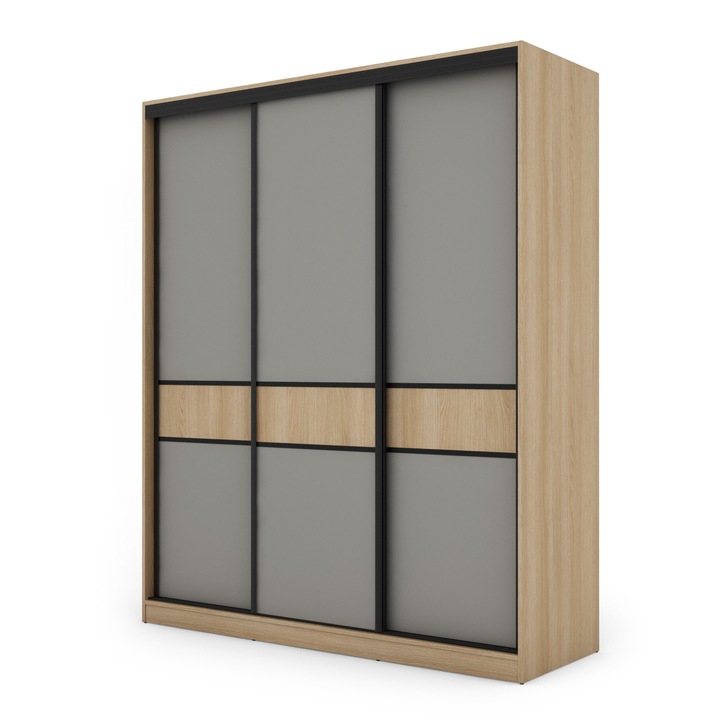 Dulap, Meblast, Premium lucrate manual, 190 cm x 230 cm x 64 cm, Sifonier, PAL 18 mm, HDF de 3 mm, PVC 0.8 mm, Numar de usi 3, Numar de sertare 2, Stejar Lindberg/Gri