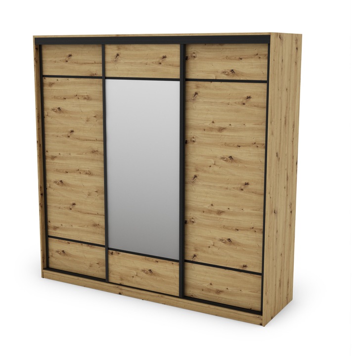 Dulap, Meblast, Premium lucrate manual, 220 cm x 220 cm x 64 cm, Sifonier, PAL 18 mm, HDF de 3 mm, PVC 0.8 mm, Numar de usi 3, Numar de sertare 2, Cu oglinda, Stejar Artisan