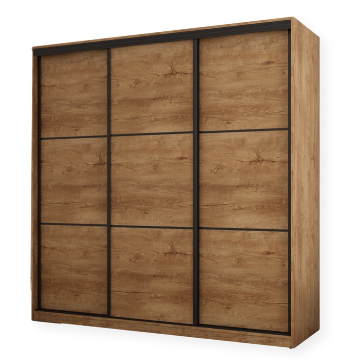 Dulap, Meblast, Premium lucrate manual, 220 cm x 220 cm x 64 cm, Sifonier, PAL 18 mm, HDF de 3 mm, PVC 0.8 mm, Numar de usi 3, Numar de sertare 2, Stejar Lefkas