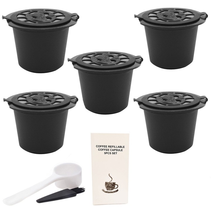 Комплект от 5 кафе капсули за многократна употреба, 24093, пластмаса/неръждаема стомана, съвместими с Nespresso, черни