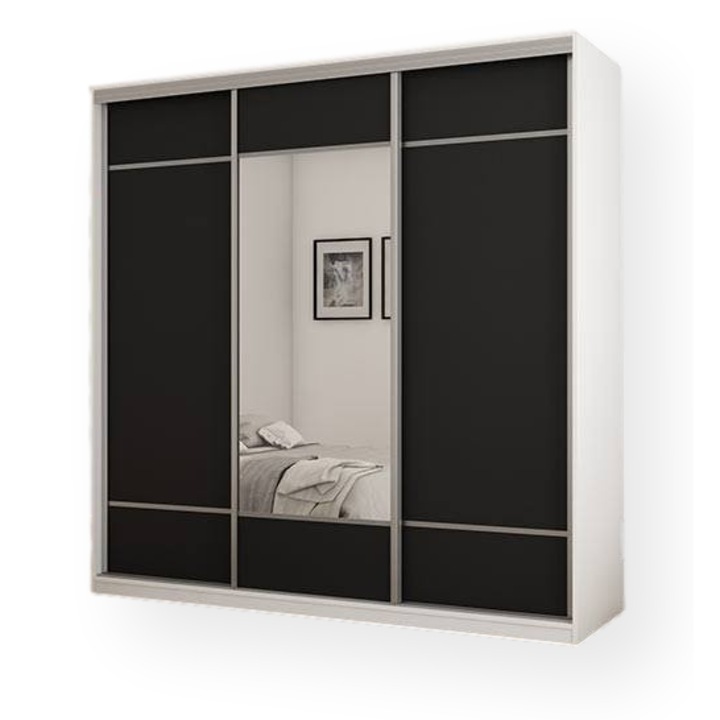 Dulap, Meblast, Premium lucrate manual, 220 cm x 220 cm x 64 cm, Sifonier, PAL 18 mm, HDF de 3 mm, PVC 0.8 mm, Numar de usi 3, Numar de sertare 2, Cu oglinda, Alb/Negru