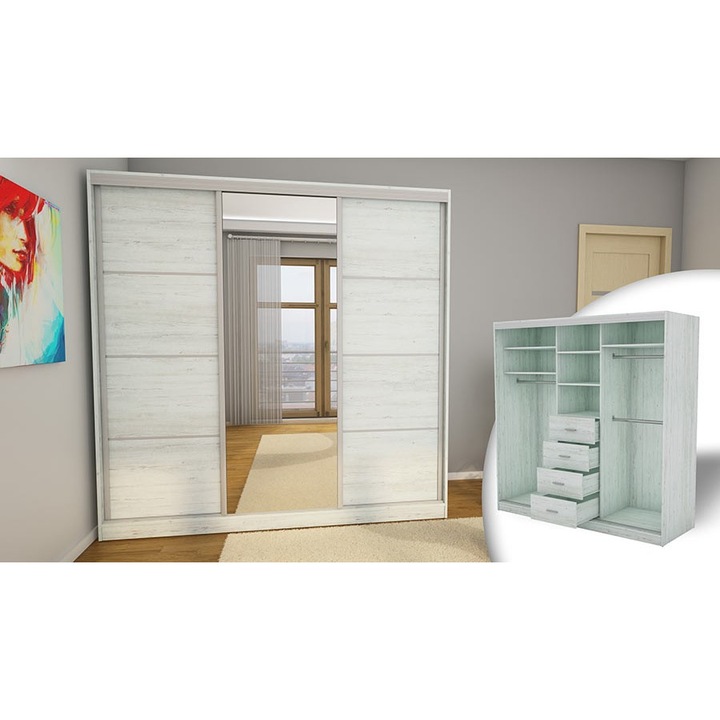 Dulap, Meblast, Premium lucrate manual, 210 cm x 210 cm x 70 cm, Sifonier, PAL 18 mm, HDF de 3 mm, PVC 0.8 mm, Numar de usi 3, Numar de sertare 4, Cu oglinda, Stejar Lefkas