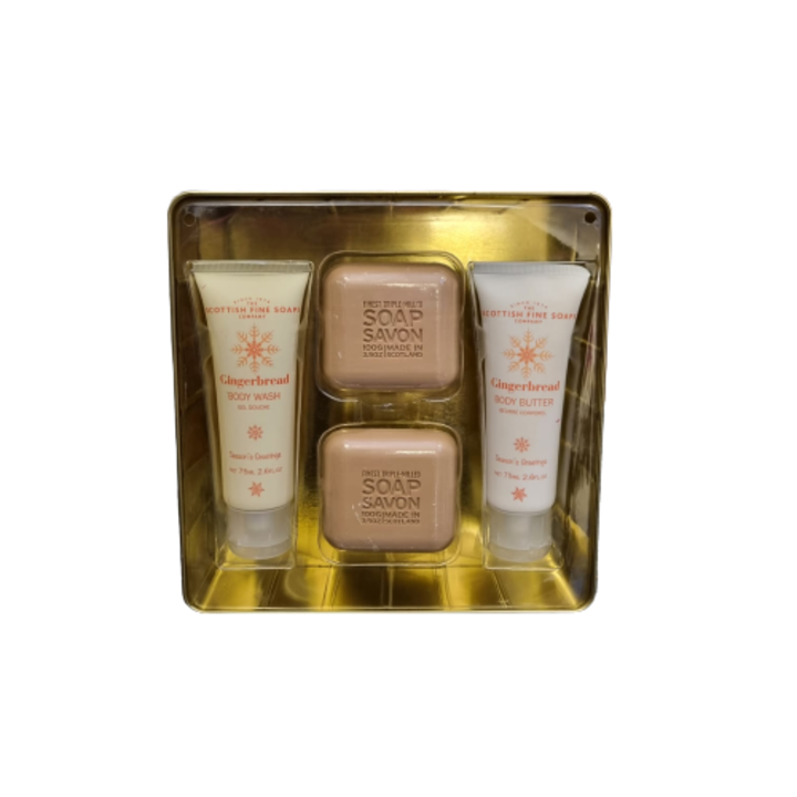 Set cadou, Gingerbread pamper tin, 2 x Sapun de corp 100 g, Gel de dus 75 ml, Unt de corp 75 ml