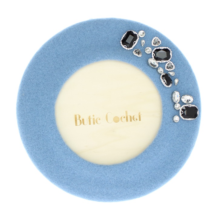 Bereta de dama, din lana, ButicCochet, one size, model cu strasuri decorative, Albastru deschis - BSC541