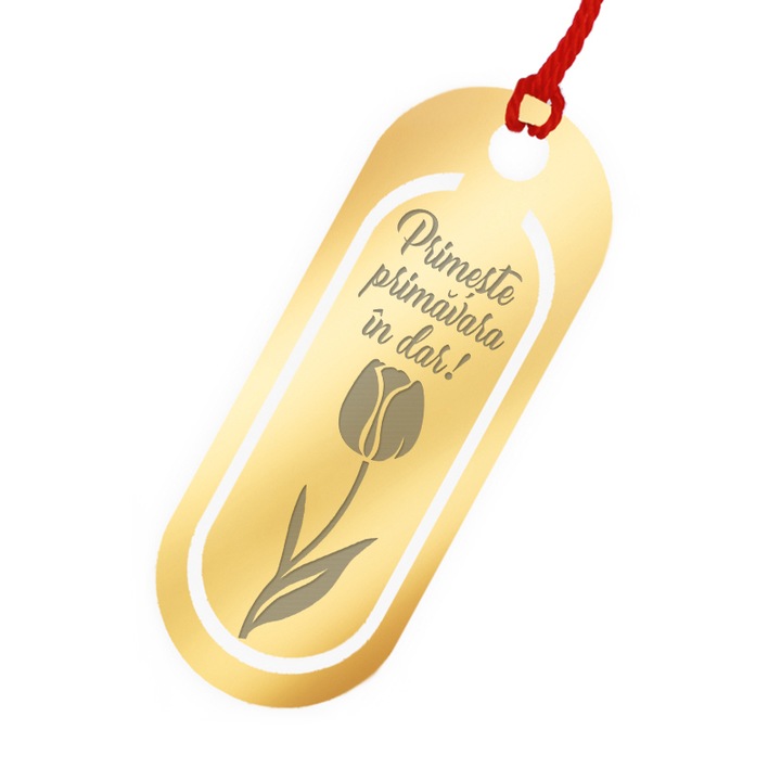 Martisor Semn de Carte Inox Oval Auriu Lalea Primavara in Dar