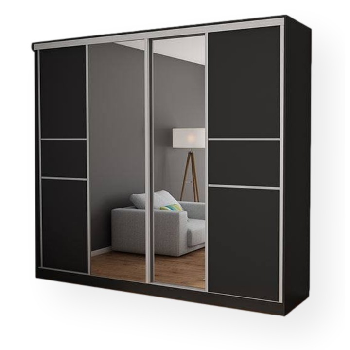 Dulap, Meblast, Premium lucrate manual, 276 cm x 244 cm x 65 cm, Sifonier, PAL 18 mm, HDF de 3 mm, PVC 0.8 mm, Numar de usi 4, Numar de sertare 4, Cu oglinda - 2 buc, Negru